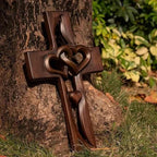 Hand-Carved Intertwined Hearts 9.84 inches Wooden Wall Cross for Wall Sacred, Mothers Day Gifts for Mom ,Handmade Hanging Cross Heart-Shaped Decoration Marriage Wedding Valentine Wood Decorative Gift - Image 5
