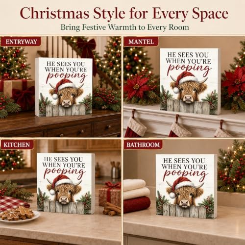 Christmas Highland Cow Bathroom Decorations Funny Wooden Box Sign - Image 6