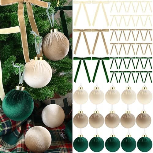 51 Pcs Christmas Velvet Ornaments 15 Pcs Christmas Tree Decor Balls 3.14" 36 Pcs Velvet Vintage Ribbon Bows 5/8" Wide 6 * 8" for Xmas Tree Hanging Decorations Home Indoor Decor (Three Colors) by LIANGMIDA