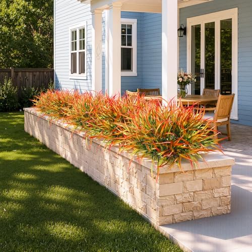 Uieke 28 Bundles Artificial Outdoor Plants UV Resistant Fake Grass Plants Faux Plastic Plants for Home Garden Spring Summer Decor, Green & Red - Image 2