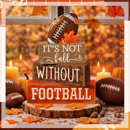 Yuntau 4 Pcs Fall Football Decor Rustic Wooden Blocks Table Centerpiece - Image 4