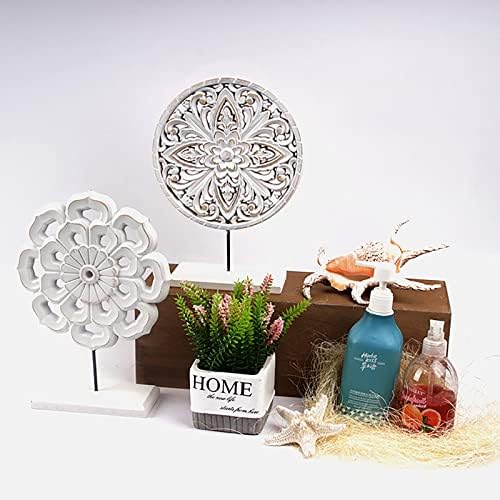 AXEARTE 2 Pack Wooden Carved Cutout Flower Medallion Sculpture, Rustic Distressed White MDF Statues Home Tabletop Decor, Decorative Ornaments for Living Room, Bedroom, Office Desktop, Cabinets - Image 5