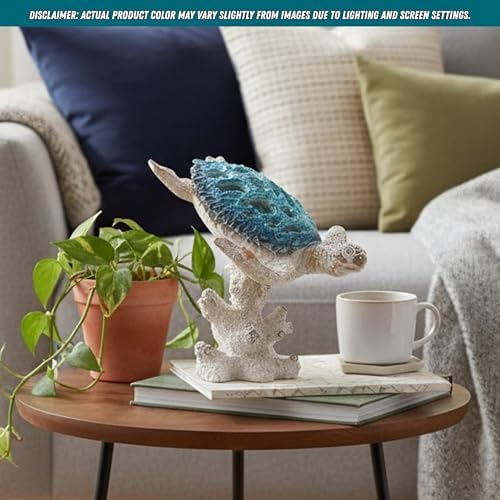 Aqua Sea Turtle Sculpture Coastal Nautical Tabletop Decor, 8.5 x 7 x 4 Inches Beach House Figurine Room Accent with Coral Reef Base - Image 2