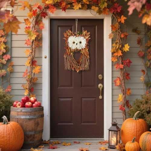winemana Fall Wreaths for Front Door, 14 Inch Handmade Owl Wreath - Image 2