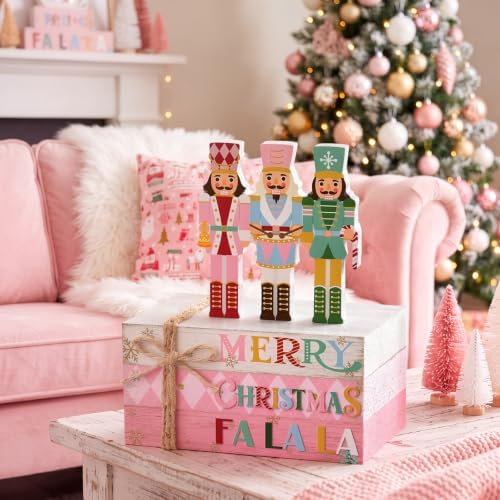 Geelin 4 Pcs Christmas Pink Nutcracker Table Decoration Stacked Wooden Book - Image 5