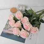 10pcs Light Pink Roses Artificial Flowers, Realistic Faux Rose with Stem - Image 3