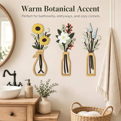 puthiac Wooden Floral Vase Wall Art Decor Set of 3, Mixed Floral Collection - Image 2