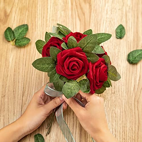 Artificial Flower Foam Rose 25pcs Real Looking Fake Rose with Stems Leaves for Home Decoration Party Garden Centerpieces DIY Wedding Bouquets（Dark Red） - Image 5