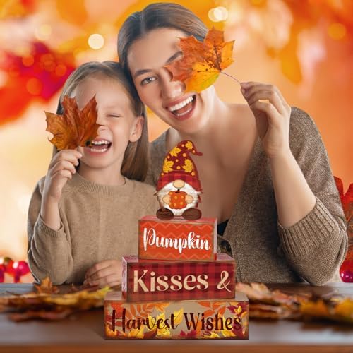 4 Pcs Fall Decor for Home Gnomes Pumpkin Wooden Signs with Harvest Wishes - Image 5