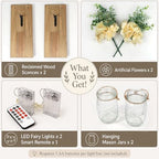 Mason Jar Wall Sconces Set of 2 with LED Lights and Faux Flowers - Image 3