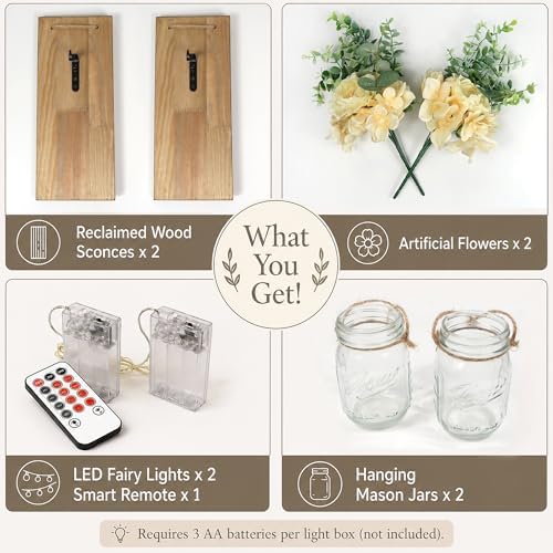 Mason Jar Wall Sconces Set of 2 with LED Lights and Faux Flowers - Image 3