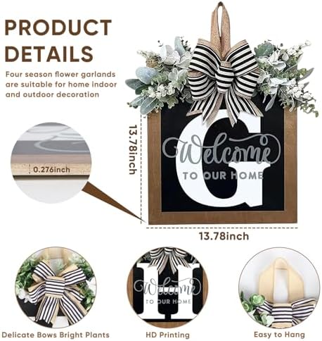 Ultra Large 14'' Last Name All Year Round Front Door Wreath with 26 Initial Letter Welcome Sign All Seasons Eucalyptus Garland and Bow Wreaths for Front Door Porch Farmhouse Decoration (G) - Image 4