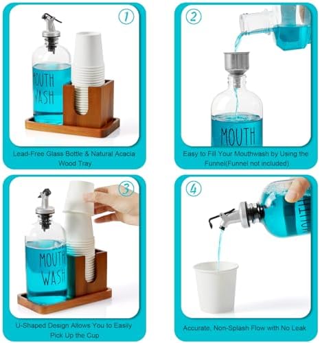Glass Mouthwash Dispenser for Bathroom, 16 OZ Mouthwash Dispenser with Pour Spout and Acacia Wood Cup Holder and Tray, Mouth Wash Bottle Container, Farmhouse Kitchen Bathroom Decor and Accessories - Image 5
