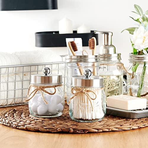 SheeChung 2 Pack Glass Mason Jar Qtip Holder Dispenser, Brushed Nickel Lids - Image 6