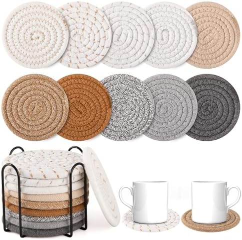 OIAHOMY 10 Pcs Drink Coasters with Holder, Boho Cotton Woven Coaster Set, Absorbent Coaster Protection for Various Cups, Ideal for Coffee Tables Home Decor and Gift, 4.3 Inches,Mixed Yellow by MasterofSpaceOptimization