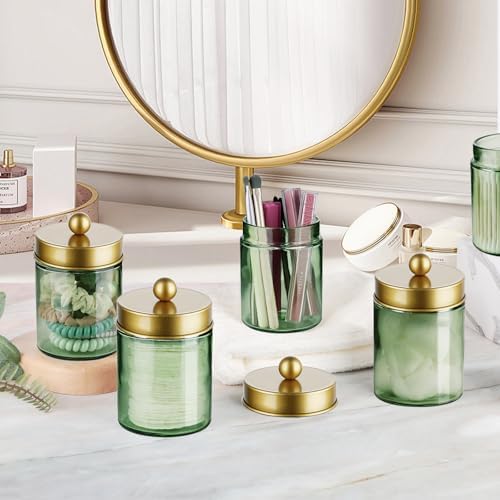 Amolliar Green Glass Apothecary Jar, Qtip Holder Bathroom Decor Gold 4 Pack - Image 5