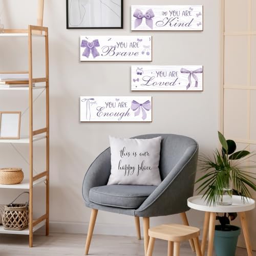 4 Pcs Purple Bow Wall Decor, Light Purple Coquete Room Decor for Teen Girls, Inspirational Positive Affirmations Wall Wooden Hanging Sign Bathroom Art - Image 4