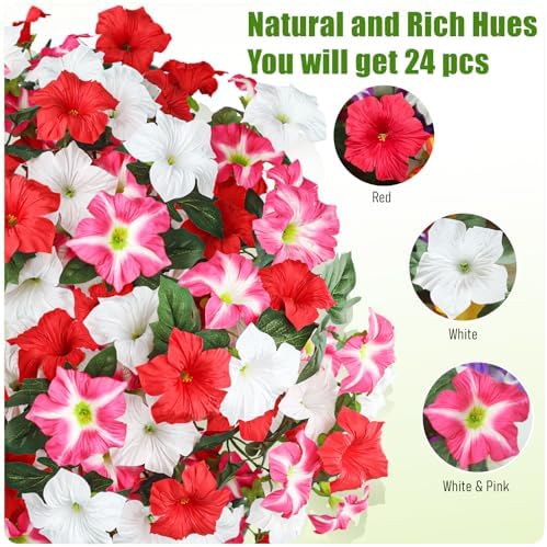 Uieke Artificial Flowers for Outdoors, 24PCS Faux Petunias Outdoor Uv Resistant Silk Flower, Spring Decorations for Home Garden Patio Porch, Red&White - Image 5