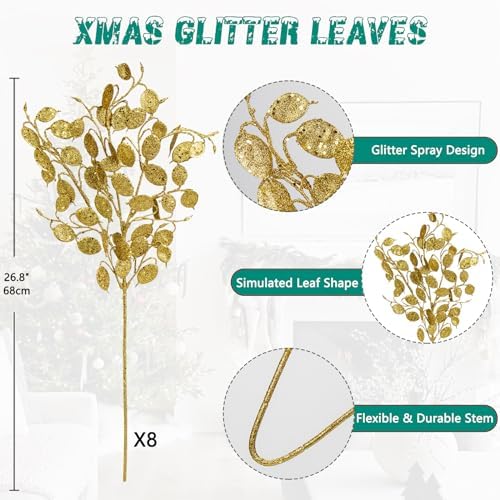 Oairse 8 Pcs Gold Glitter Christmas Tree Picks & Sprays, 26.8" Glitter Eucalyptus Leaves Stems for Christmas Tree Filler Branches Wreaths Centerpieces Holiday Decorations - Image 2