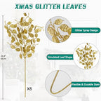 Oairse 8 Pcs Gold Glitter Christmas Tree Picks & Sprays, 26.8" Glitter Eucalyptus Leaves Stems for Christmas Tree Filler Branches Wreaths Centerpieces Holiday Decorations - Image 2