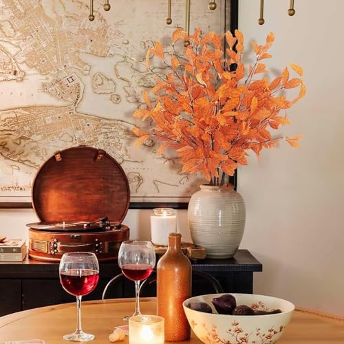 Uieke 18 Pcs Artificial Fall Eucalyptus Stems with Fall Leaves, Orange - Image 4