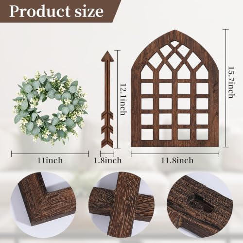 WAKOSAN Rustic Wood Window Frame Wall Decor with Wreath & Arrows, Set of 2 - Image 3