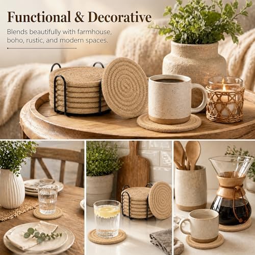 ABenkle 8 Pcs Drink Coasters with Holder, Jute Woven Absorbent Coasters for Drinks, Boho Minimalist Home Decor Coaster Set for Coffee Wooden Tabletop Protection Table, 4.3 inches - Image 5