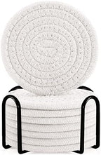 ABenkle 8 Pcs Drink Coasters with Holder, Cotton Woven Absorbent Coasters for Drinks, Minimalist Home Decor Coaster Set for Wooden Tabletop Protection Table, 4.3 inches White by ABenkle