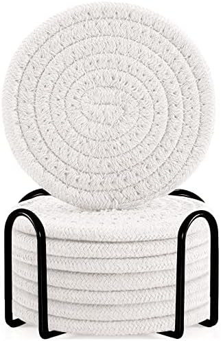 ABenkle 8 Pcs Drink Coasters with Holder, Cotton Woven Absorbent Coasters for Drinks, Minimalist Home Decor Coaster Set for Wooden Tabletop Protection Table, 4.3 inches White by ABenkle