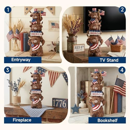 7.09inch Highland Cow 4th of July Decor, Stacked Patriotic Trio Figurine with Star & Stripe Accents, Rustic Resin Figurine for Farmhouse Table Decoration, US 250th Independence Memorial Day Gift - Image 5