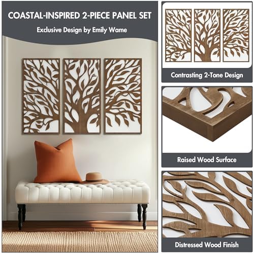 Madison Park Wall Décor for Living Room - Birch Botanical Two-Tone, Home Accent Modern Kitchen Dining Decoration, Ready to Hang 3-Piece Wood Panel Set for Bedroom, 16"W x 32"H, Tree of Life - Image 4