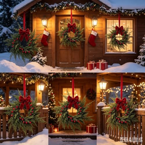 6 Pcs Small 4th of July Hanging Wreaths for Cabinets Patriotic Mini Candle Ring Wreath with Red White Blue Flowers (6, Burgundy Bow Cedar Red Berries) - Image 6