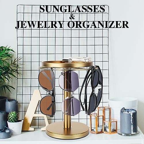 kondyfayo 360° Rotating Sunglass Organizer Storage, Stainless Steel Glasses Holder Stand, Glasses Organizer with Tray for Desk, Dresser, Tabletop, Nightstand and Home Decor (Gold) - Image 3