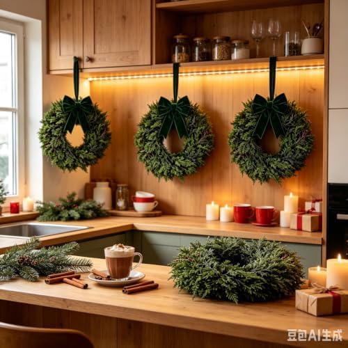 6 Pcs Small Christmas Hanging Wreaths with Artificial Cedar Pine Greenery Dark Green Velvet Ribbon Mini Cabinet Wreath for Porch Front Door Window Wall Farmhouse Rustic Christmas Winter Holiday Decor - Image 7