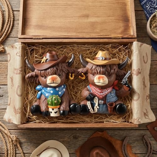 Wesiti 2 Pcs Highland Cow Figurines, Cowboy Western Resin Statue Set - Image 6