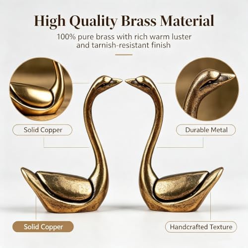 2‑Pack Solid Brass Swan Figurines,Brass Animals Figurine Decorative,Vintage Mini Metal Swan Statue, Romantic Decorative Sculpture for Desktop Bookshelf Mantel, Collectible Gift (2.2" H ×1.77" W) - Image 2