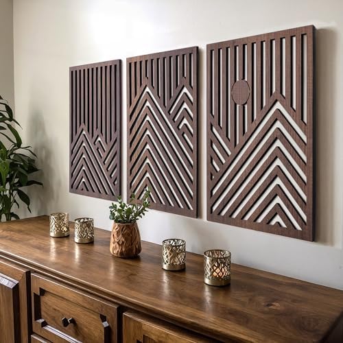 qmmp Modern Wooden Wall Sculptures - Set of 3 - Home Decor Accent - Large Wall Art for Living Room, Bedroom, Office - Easy Installation (Walnut, Large - Mountain and Sun, Unframed) by qmmp