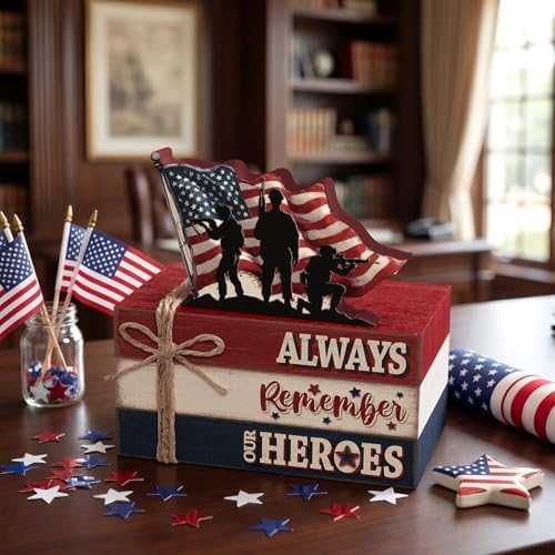Geelin 4 Pcs Veterans Day Patriotic Table Decoration Wooden Book Stack Sign - Image 5