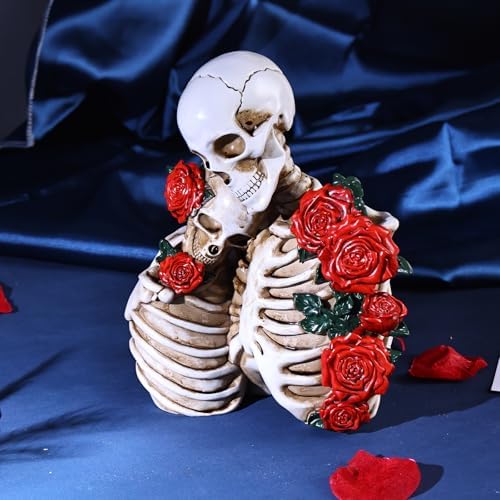 Halloween Skeleton Decor, Gothic Skeleton Couple Resin Statue with Roses - Image 3