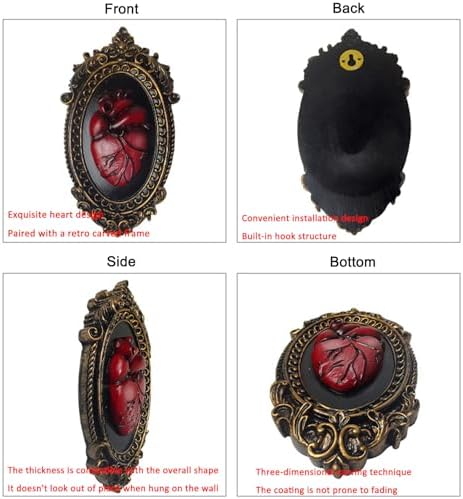 KISWIAR Gothic Anatomical Heart Wall Sculpture, 3D Resin Red Sacred Heart Wall Decor with Antique Gold Oval Frame, Victorian Dark Academia Hanging Art for Hallway, Living Room, Bedroom (Red) - Image 3