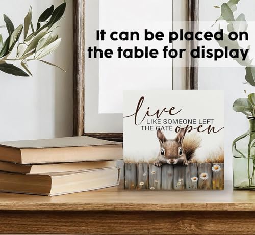 Squirrel Sign - Squirrel Gifts For Women, Live Like Someone Left The Gate Open Wooden Box Signs, Farmhouse Wood Decoration Home Decor For Desk Table Shelf 8x8 Inch Decorative Signs & Plaques - Image 3