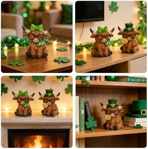 St Patricks Day Highland Cow Figurines Decor, Highland Cow Statue with Leprechaun's Gold Coins and Shamrock, St. Patrick's Day Gifts Resin Hanging Ornaments Statue for Party Home Table Decoration - Image 4