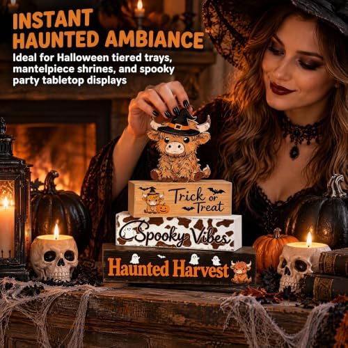 4 Pieces Highland Cow Wooden Table Decor Set, Rustic Farmhouse Tiered Tray Decor, Western Country Style Shelf & Tabletop Decorative Accent Pieces, Home Office Kitchen Mantel Decoration - Image 3