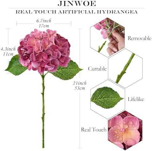 JINWOE Magenta Pink Hydrangea Artificial Flowers, 4Pcs 21” Latex Real Touch Flowers, Full Faux Silk Flowers Fake Artificial Hydrangeas with Stems for Bouquet Table Centerpieces Wedding Baby Showers - Image 2
