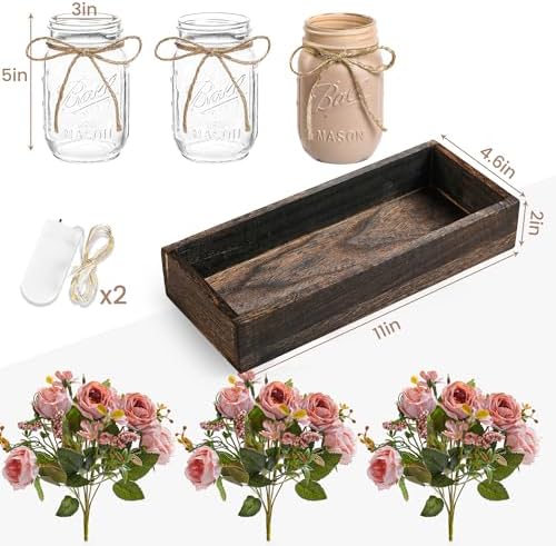 3 Pcs Mason Jar Centerpiece Table Decorations for Dining Table Decor Farmhouse Coffee Table Decor with Wood Tray and Led Light Table Centerpieces for Dining Room Kitchen Living Bathroom,Pink - Image 7