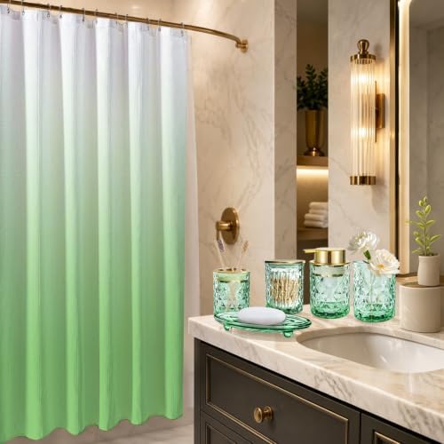 Green Bathroom Accessories Set with Shower Curtain and Liner, 7-Piece Bathroom Decor Set, Soap Dispenser, Toothbrush Holder, Soap Dish, Vanity Tray, Complete Bathroom Makeover Set - Image 6
