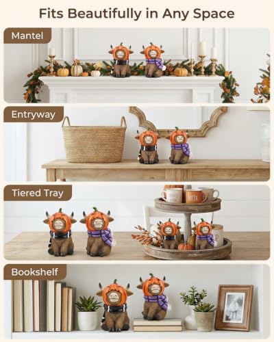 GoGnome Halloween Highland Cow Figurines Set of 2, Cute Pumpkin Head Cow Resin Statues with Scarves & Horn Details Farmhouse Fall Tabletop Decorations (Brown Highland Cow) - Image 4