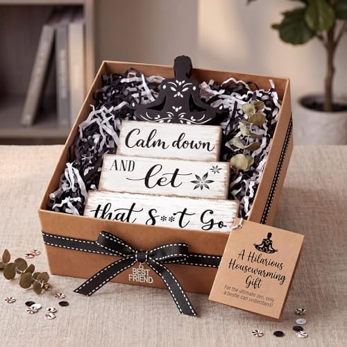 Marsui 4 Pcs Funny Bathroom Shelf Decor Calm Down and Let That Go Wood Sign - Image 6