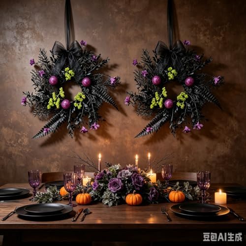 4 Pcs Small Halloween Hanging Wreaths with Black Fern Foliage Purple Glitter Balls Lime Green Berry Clusters Purple Flowers Black Sheer Bow Gothic Mini Cabinet Wreath for Home Kitchen Halloween Party - Image 2