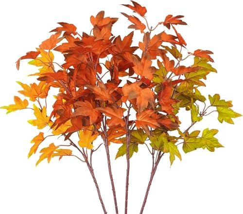 8Pcs Artificial Maple Leaves Branches 21.6in Fake Fall Leaves Stems Plants Outdoor Greenery for Home Kitchen Farmhouse Thanksgiving Table Centerpiece Fireplace Halloween Décor Orange by Phliofd